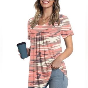 Cathy Women’s Tops Hide Belly Tunic Short Sleeve Pink Camo Flowy Top Size-S NWT